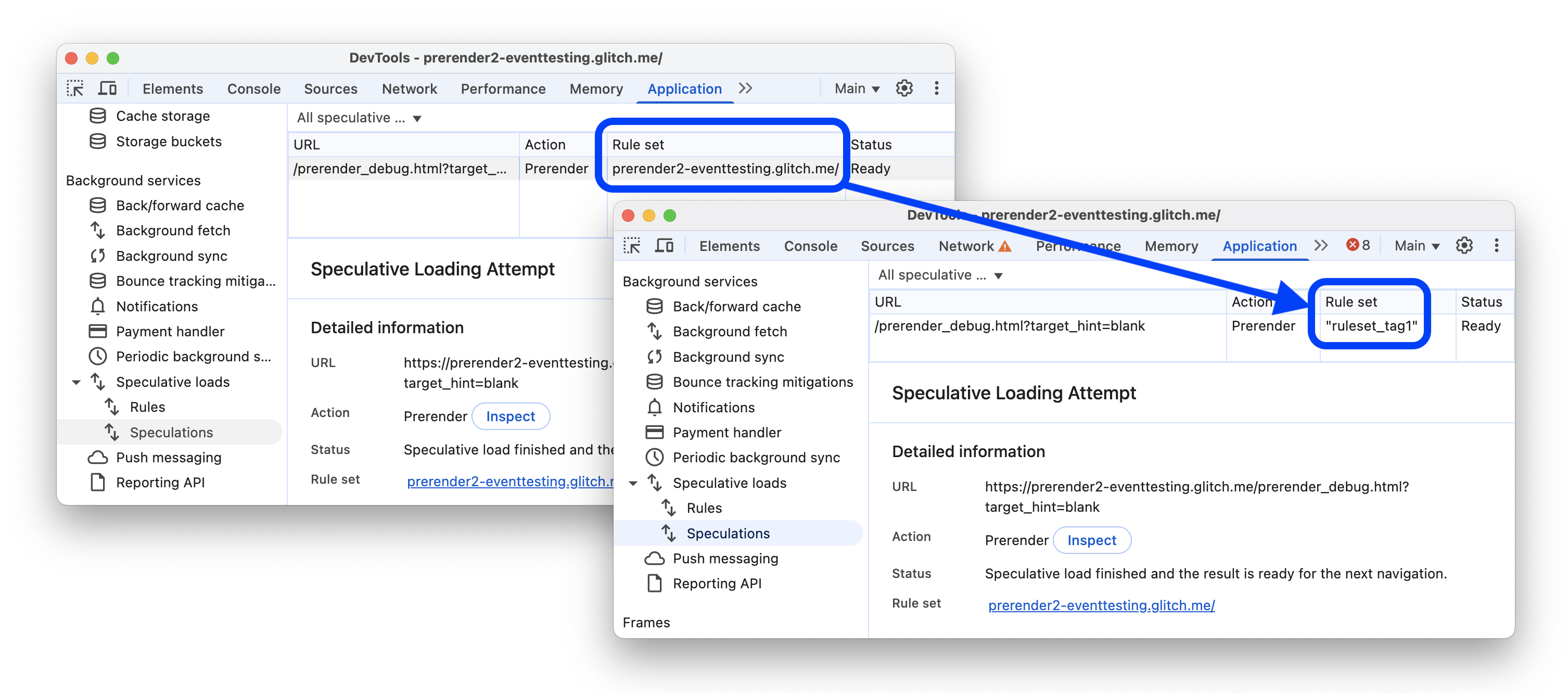 התמונה מציגה את כתובת ה-URL של קבוצת הכללים לפני ואחרי ההחלפה בתג.