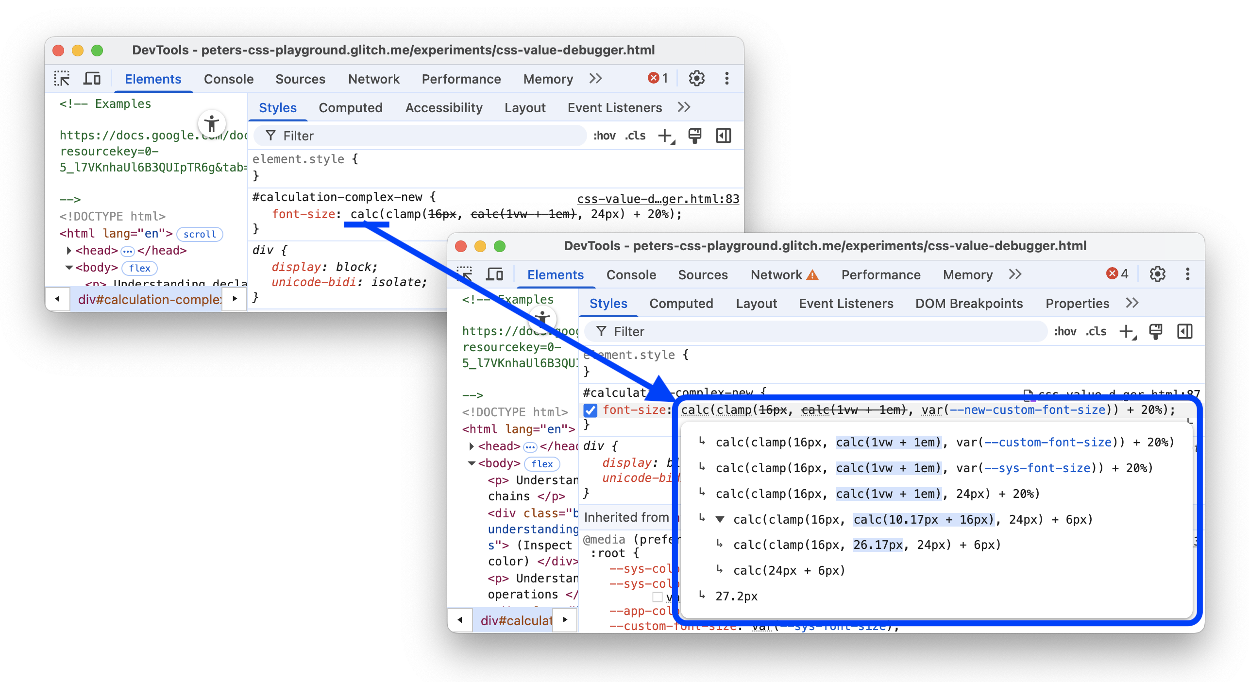 قبل وبعد إضافة تلميح أداة يتضمّن سلاسل تعريف وحسابات معقّدة قابلة للتوسيع