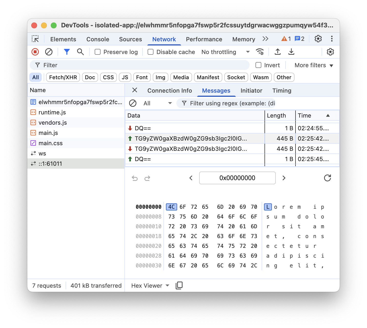 The before and after adding support of Direct Sockets in IWAs to the Network panel.
