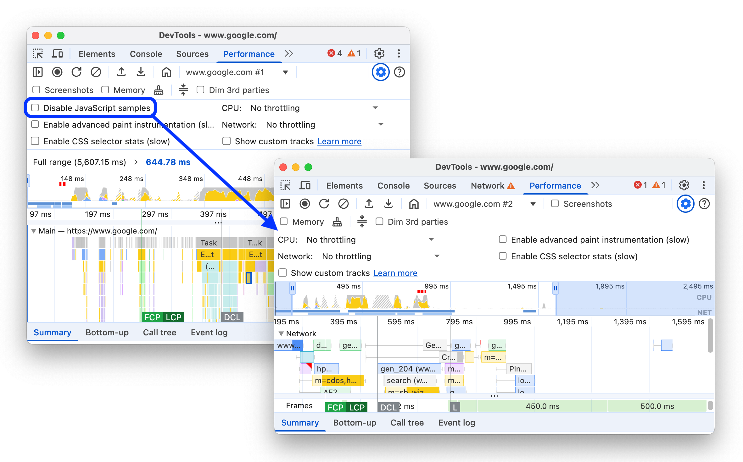 [キャプチャ設定] から [JavaScript サンプルを無効にする] オプションを削除する前と後。