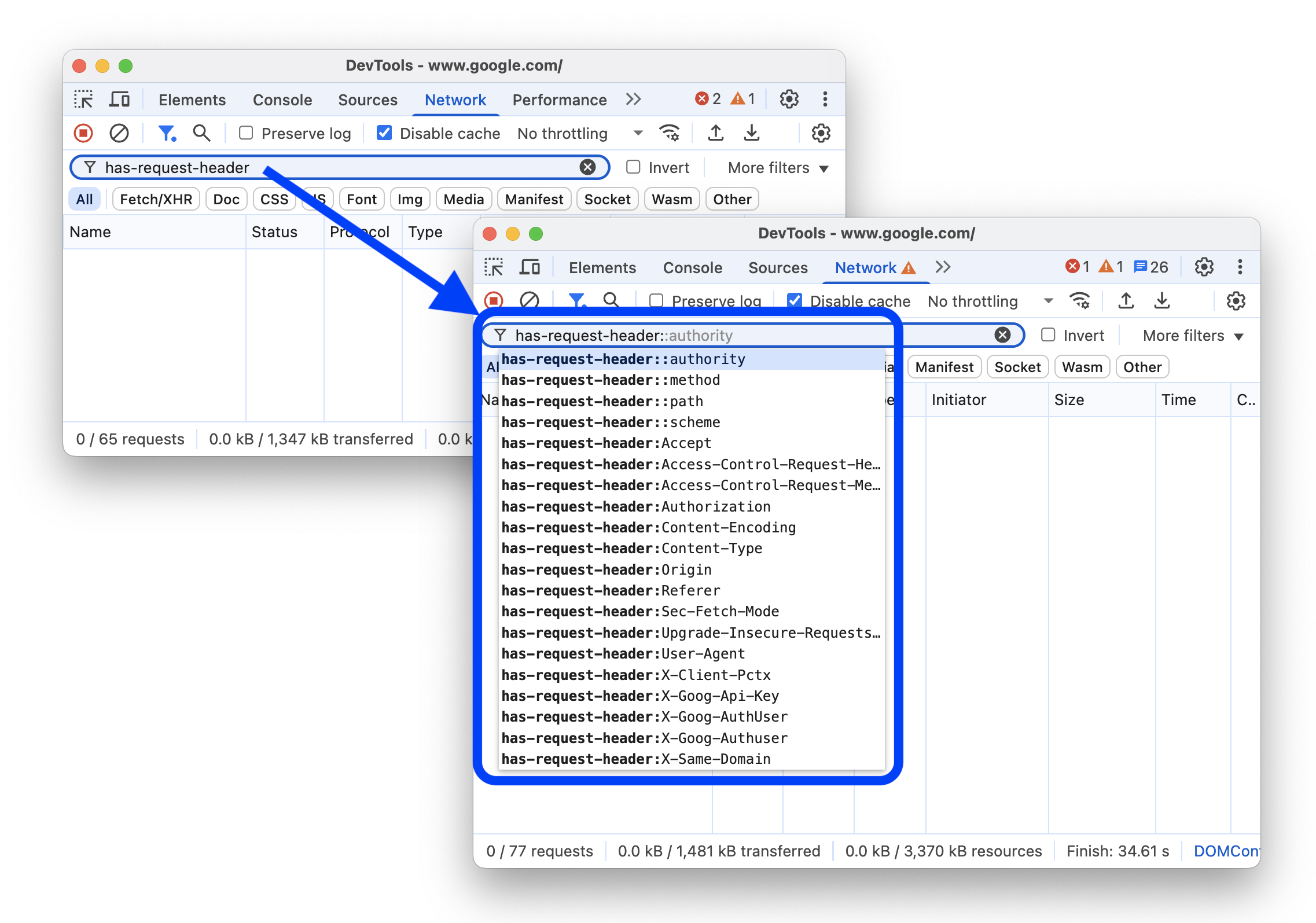 The before and after adding the 'has-request-header' filter to the Network panel.