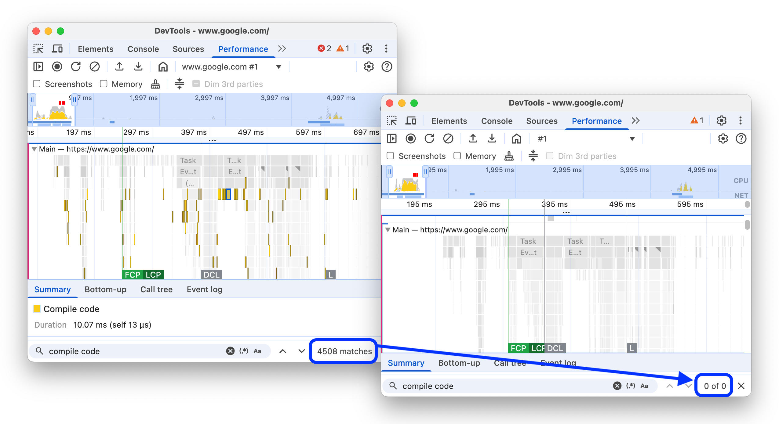 Sebelum dan setelah menghapus peristiwa 'compile code' dari rekaman aktivitas performa.