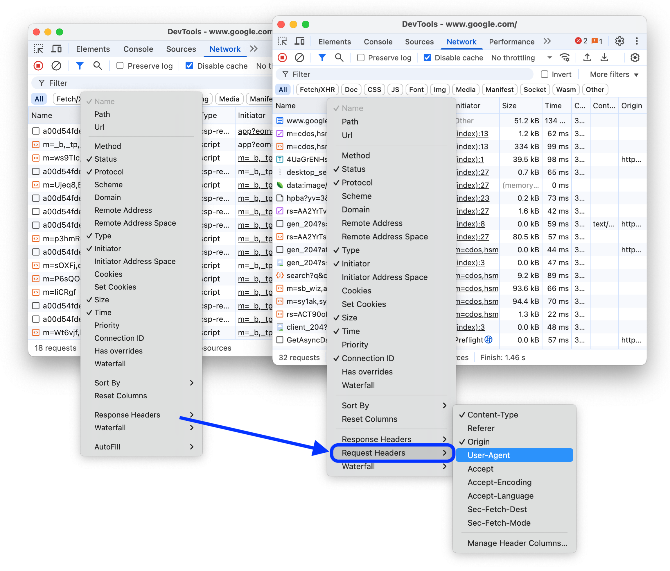 До и после добавления в меню опции «Запрос заголовков».