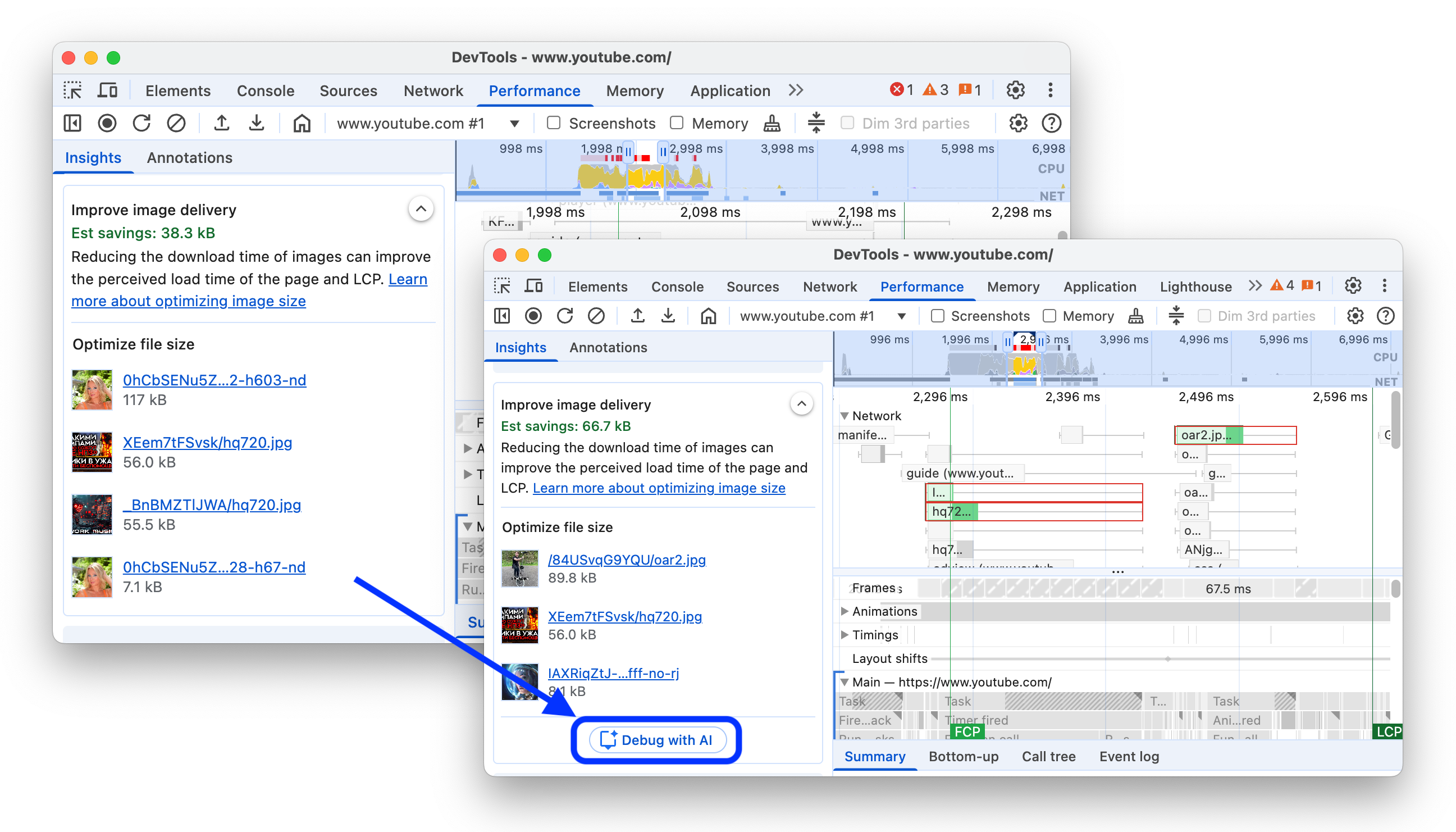 Przed i po dodaniu przycisku „Debuguj za pomocą AI” do bardziej szczegółowych statystyk skuteczności.