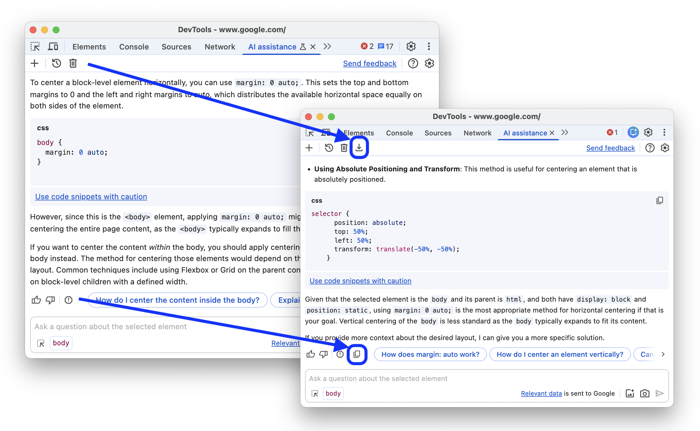 قبل إضافة زرَّي التصدير والنسخ إلى ميزة "المساعدة المستندة إلى الذكاء الاصطناعي" وبعد إضافتهما