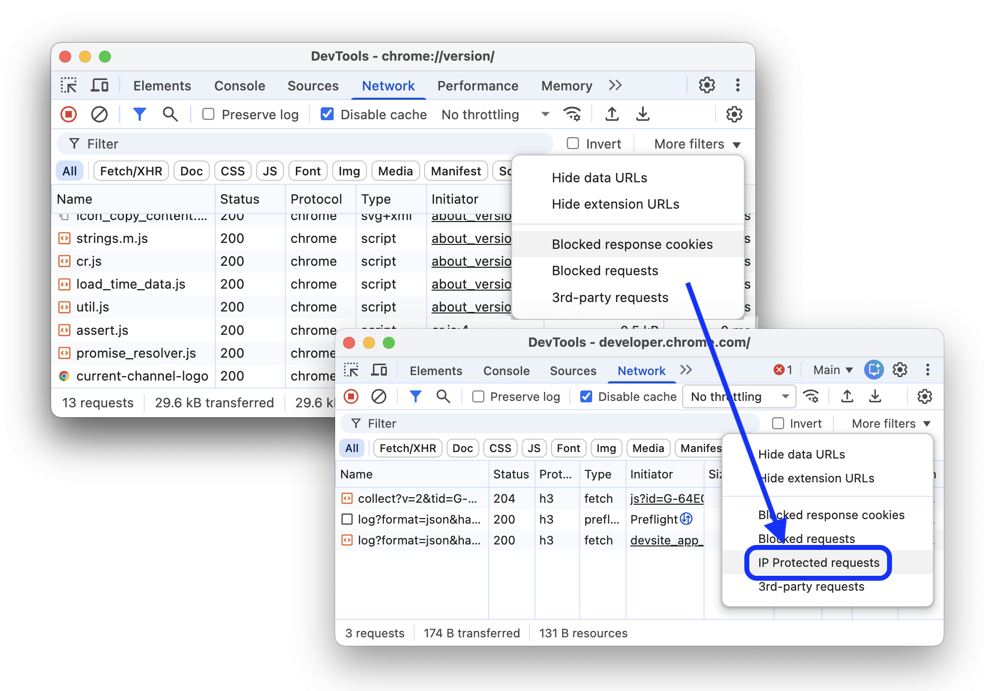 "IP Protected requests" filtresi, Ağ paneline eklenmeden önce ve eklendikten sonraki durum.