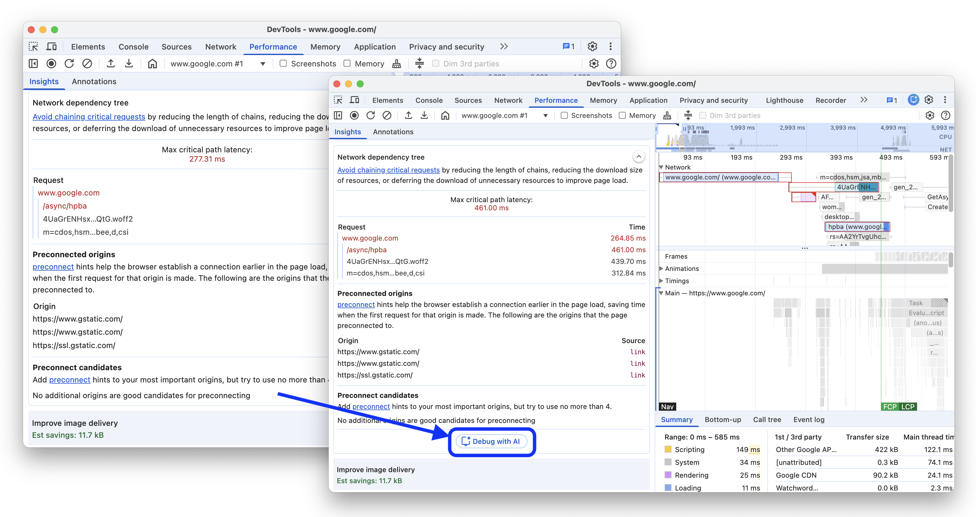 Die Ansicht vor und nach dem Hinzufügen der Schaltfläche „Mit KI debuggen“ zum Insight „Baum der Netzwerkabhängigkeiten“.