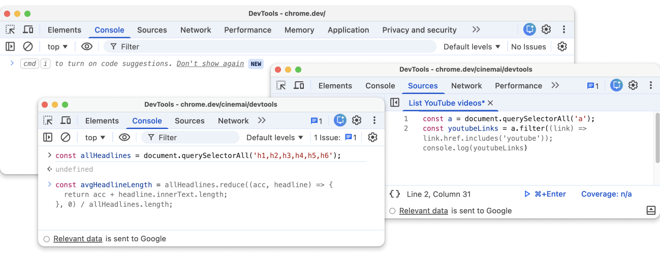 Recurso de sugestão de código nos painéis "Console" e "Fontes"