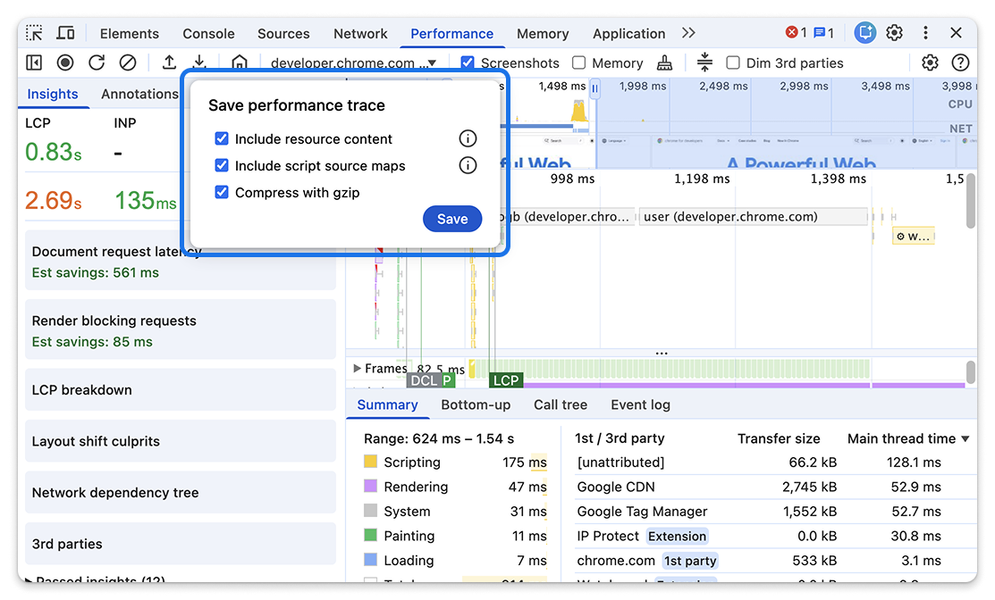 پنجرهی اشتراکگذاری ردیابی در پنل Performance