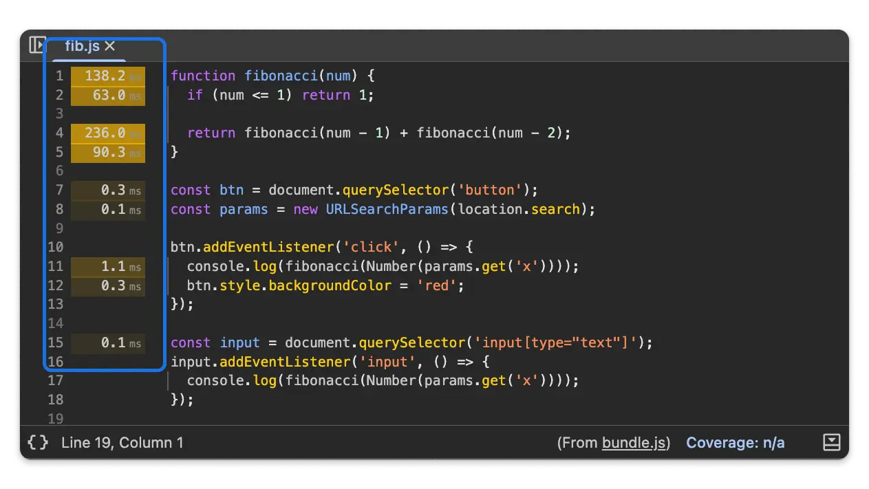 [ソース] パネルの行番号の横にある実行タイミング。