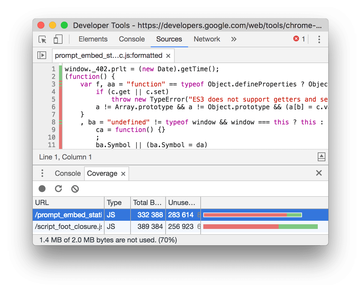 Répartition de la couverture du code dans le panneau &quot;Sources&quot;