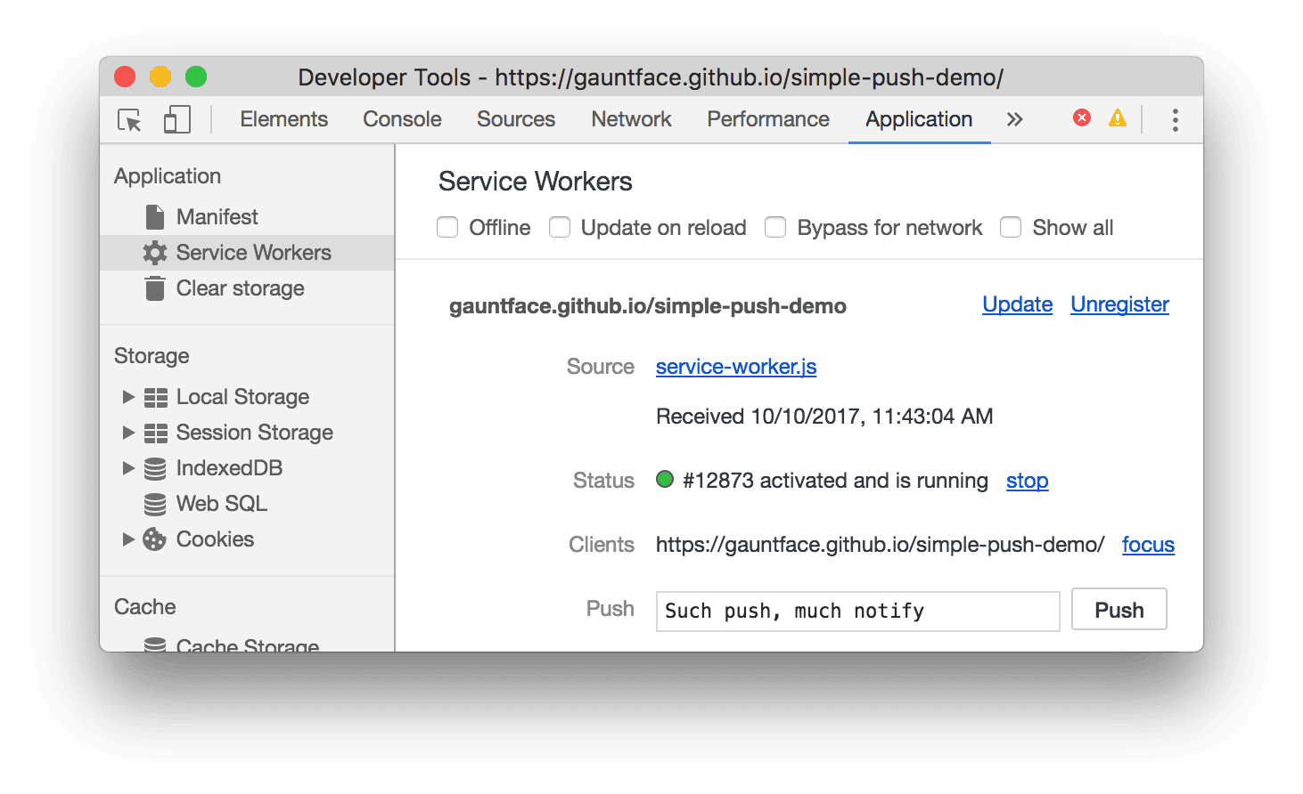 Simulating a push notification with custom data.