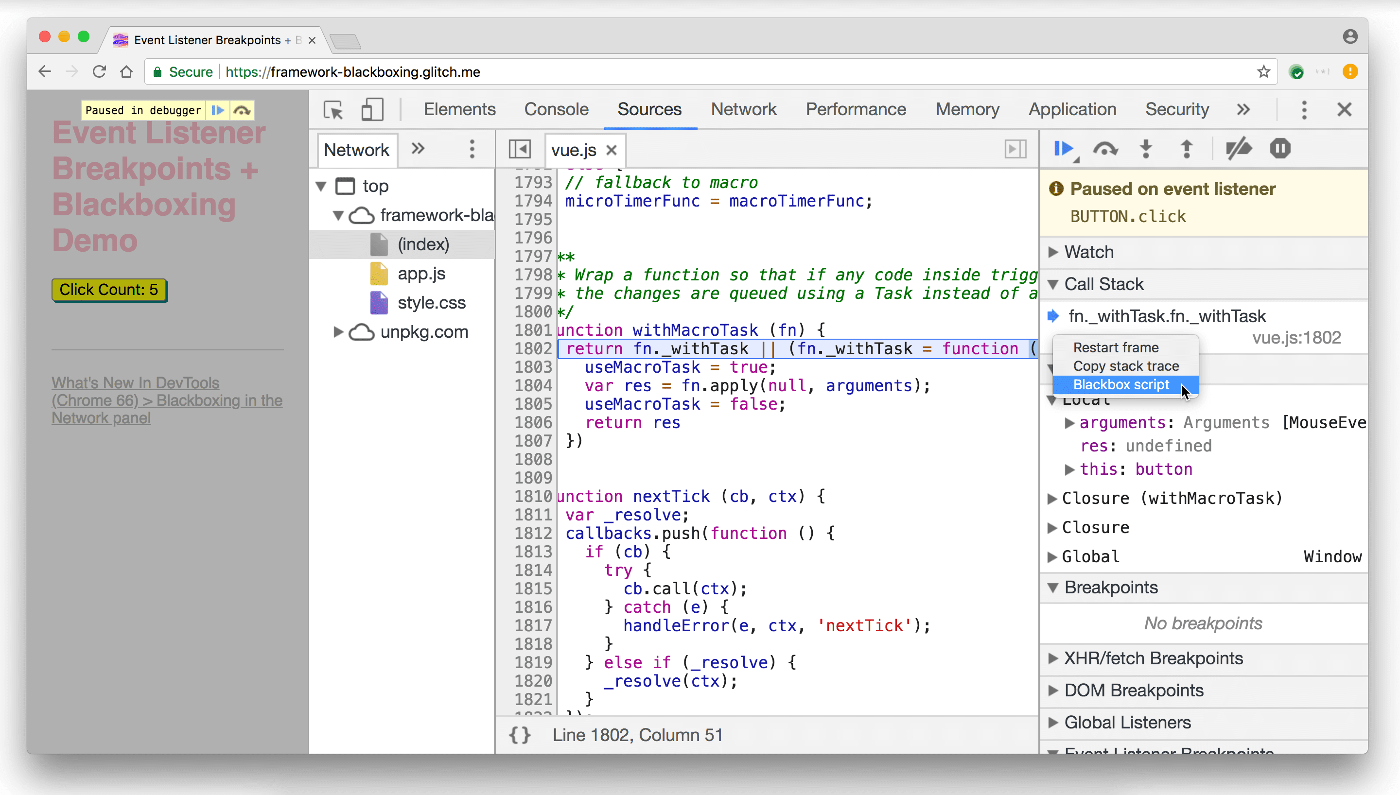 Ignorowanie skryptu Vue.js w panelu wywołania.