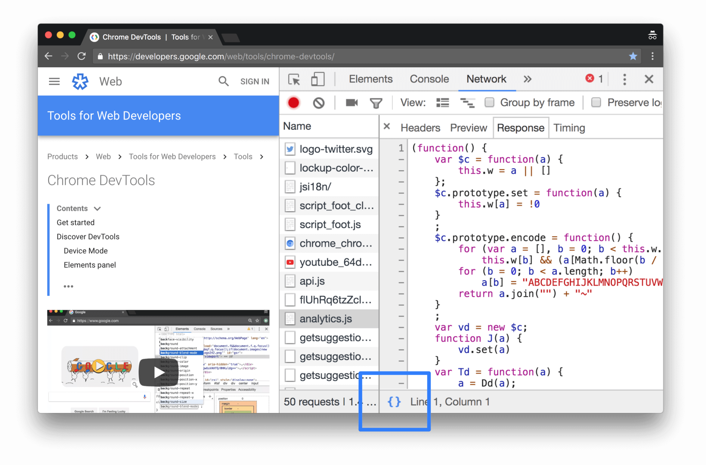 הדפסה ידנית של תוכן analytics.js באמצעות לחצן הפורמט.