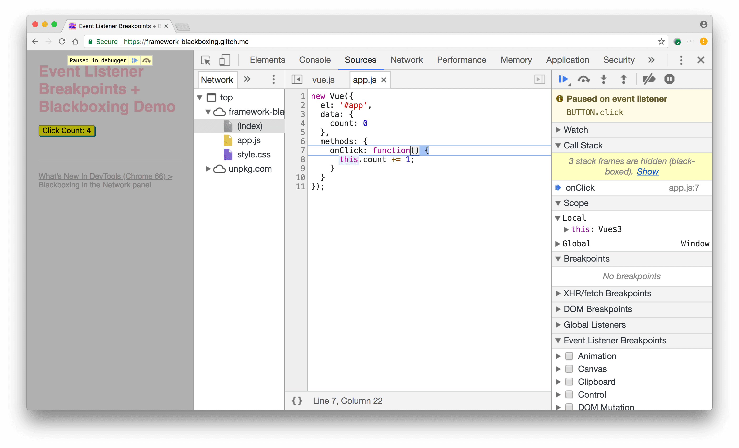 Le point d&#39;arrêt de clic est maintenant mis en pause sur le code de l&#39;écouteur de l&#39;application.