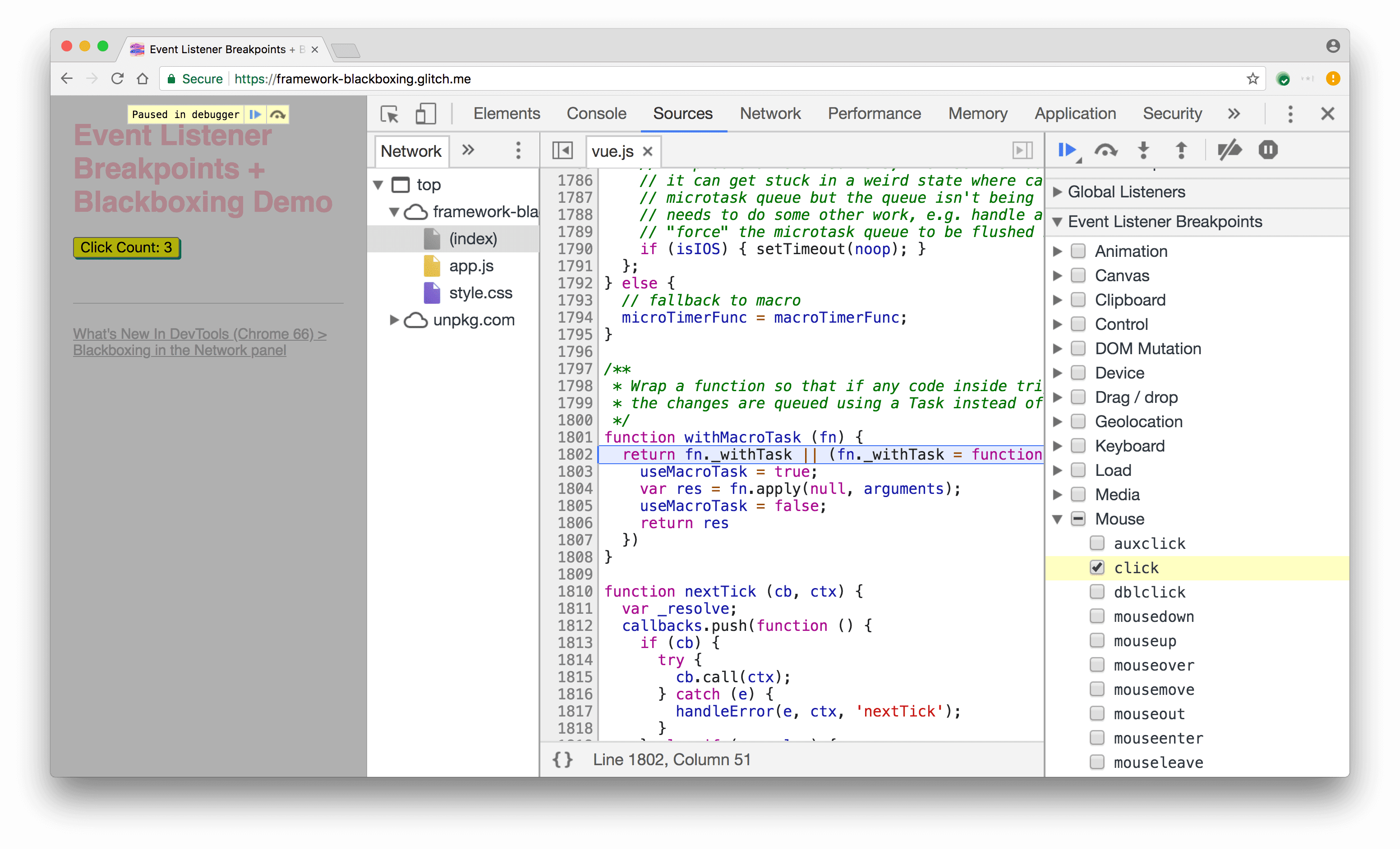 クリック ブレークポイントは、Vue.js のラッパーコードで一時停止します。