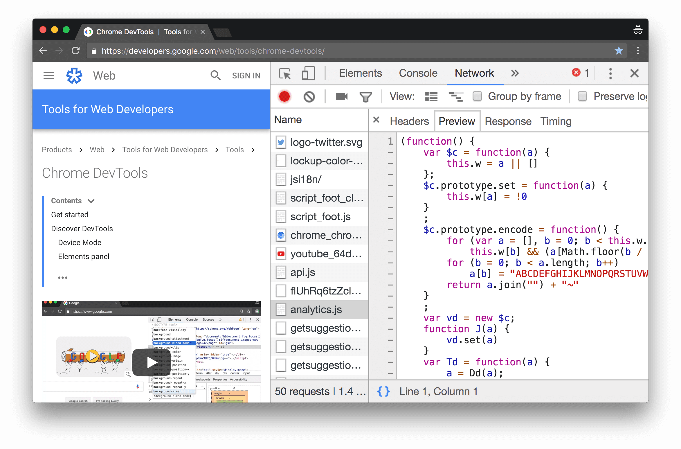 Karta Podgląd domyślnie ładuje ładnie wydrukowaną zawartość pliku analytics.js.