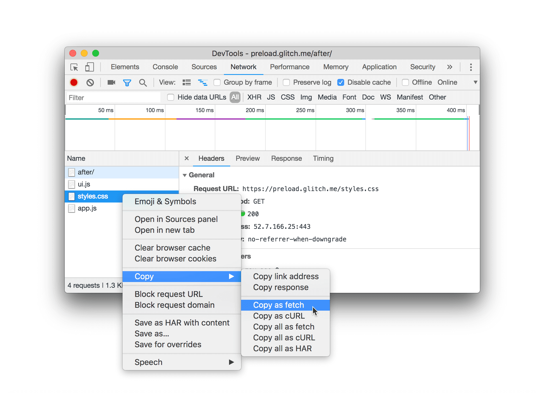 Menyalin kode yang setara dengan fetch() untuk permintaan.