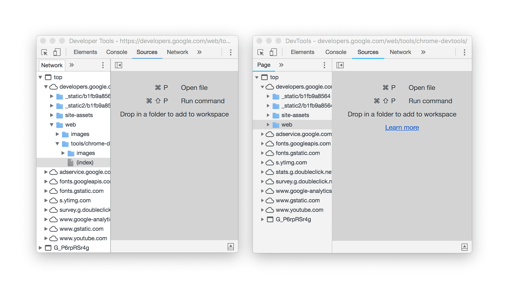 Dwa okna DevTools obok siebie, pokazujące zmianę nazwy.