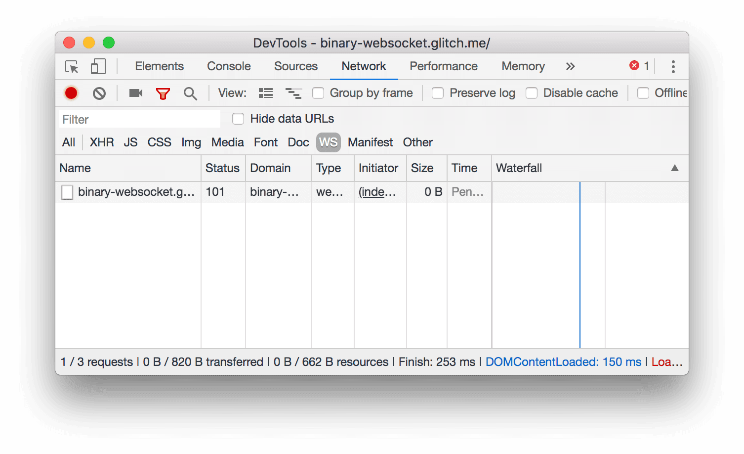 Después de hacer clic en WS, solo se muestran las conexiones de WebSocket.