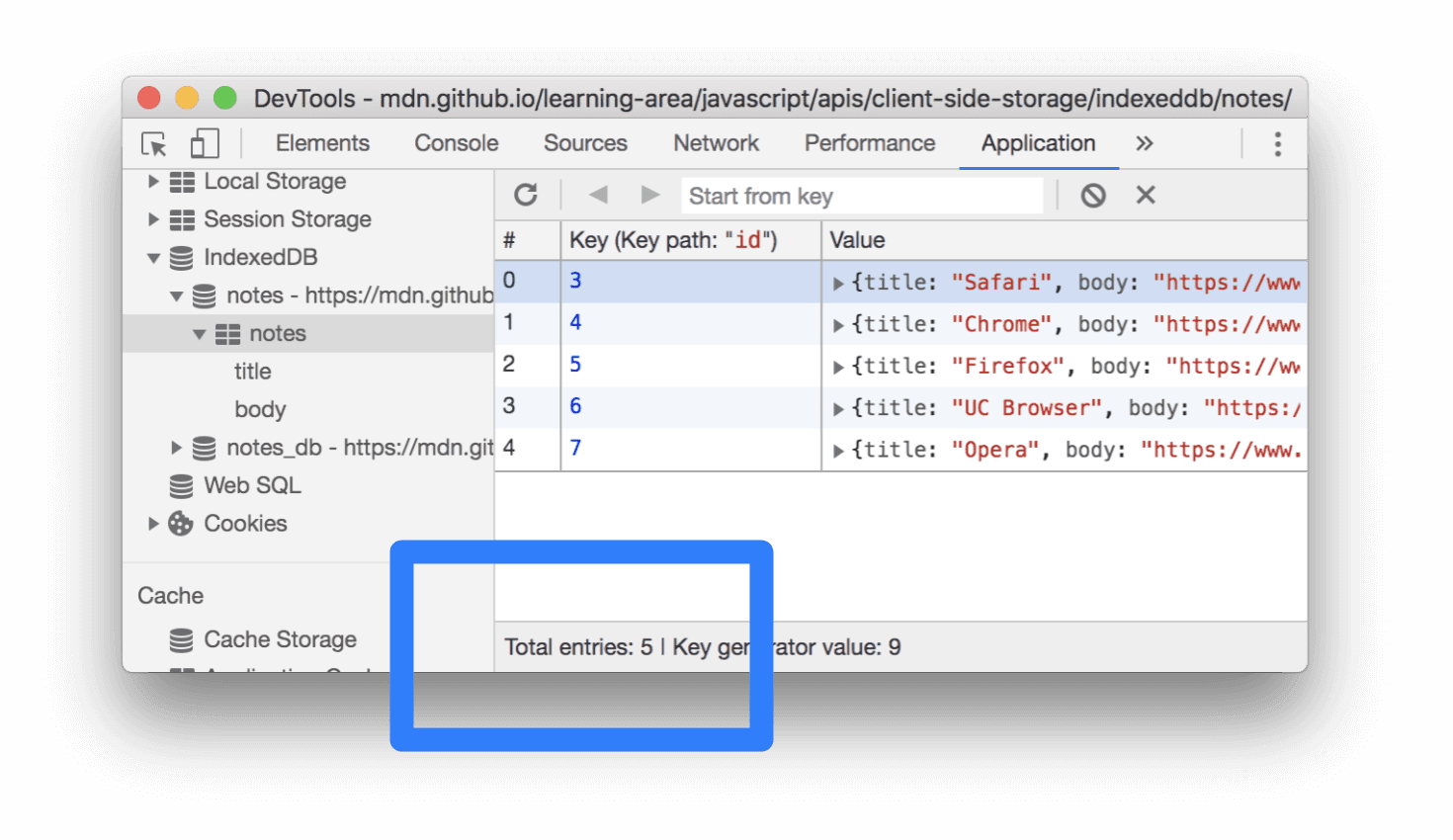 Nombre total d&#39;entrées dans une base de données IndexedDB.