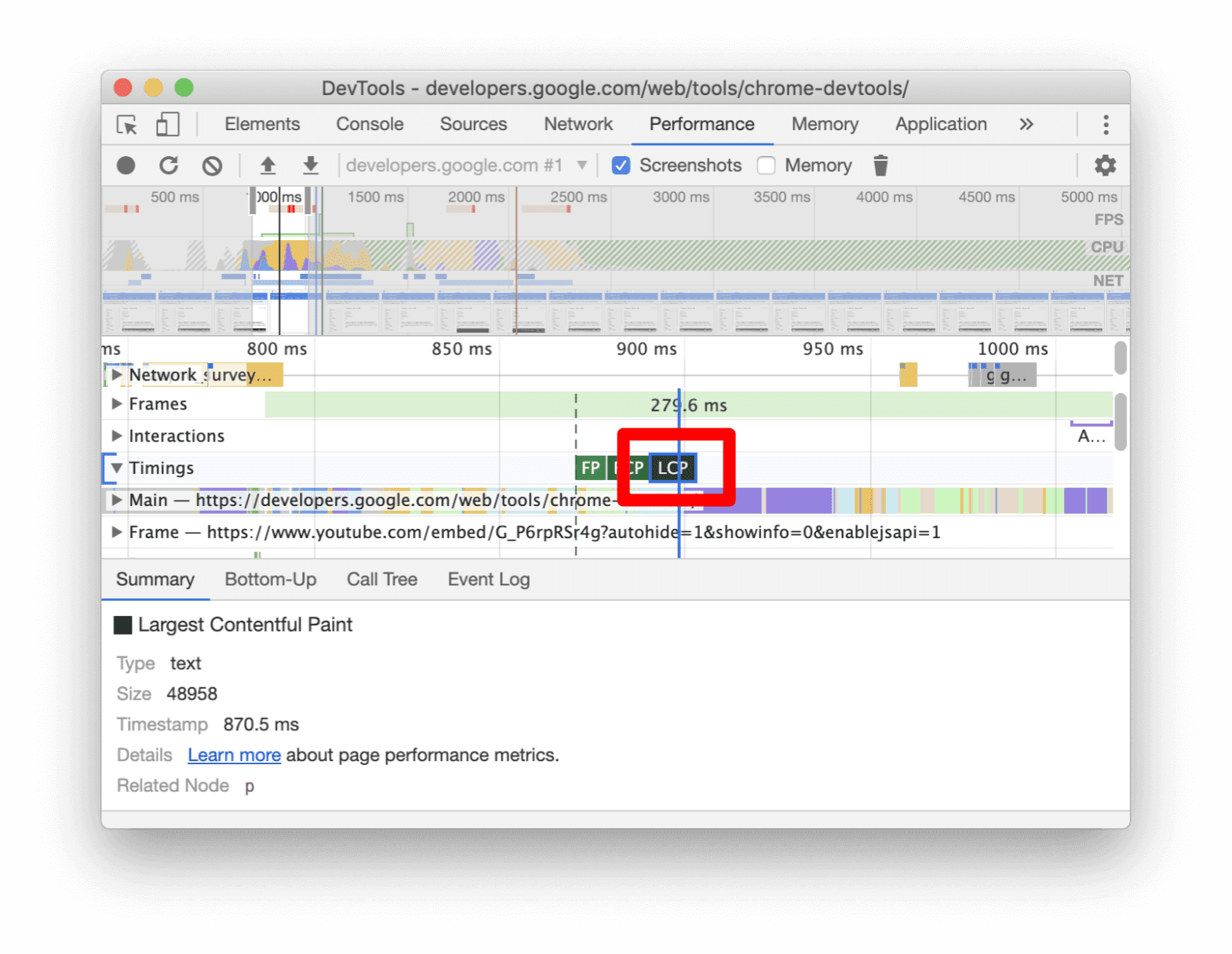 De LCP-markering in de sectie Timings.
