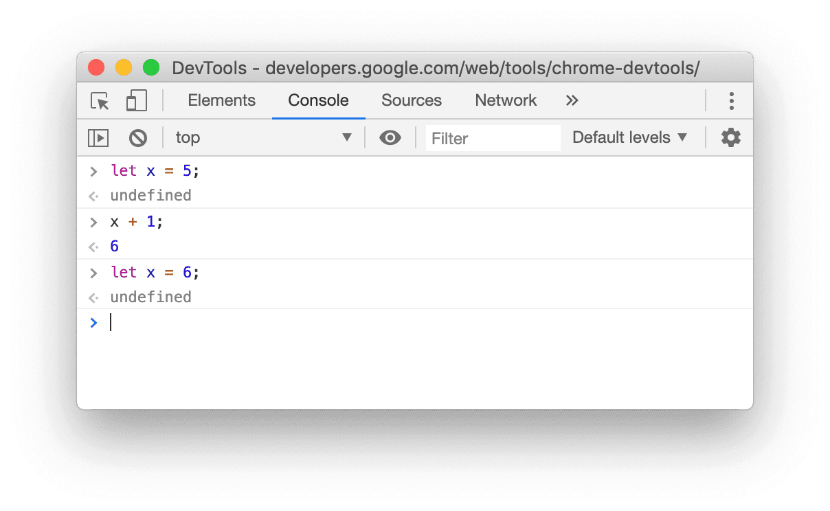 Chrome 80&#39;deki Console&#39;un, let yeniden tanımlamasının başarılı olduğunu gösteren ekran görüntüsü.