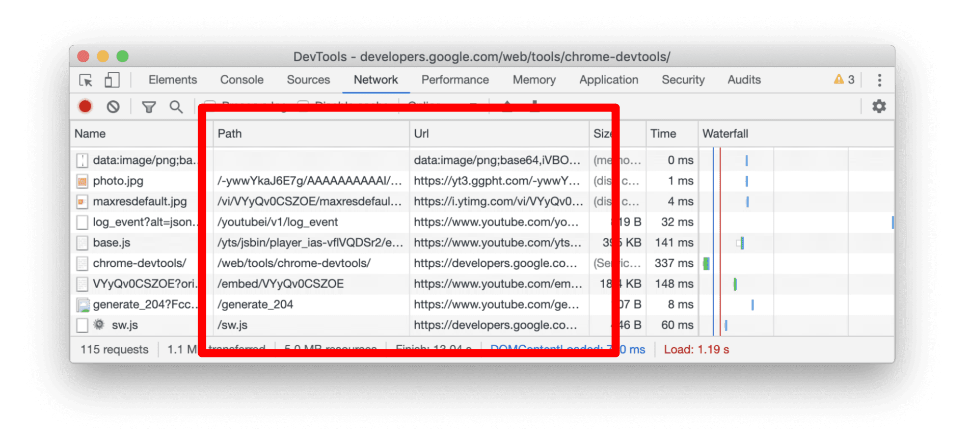 A screenshot of the new Path and URL columns in the Network panel.