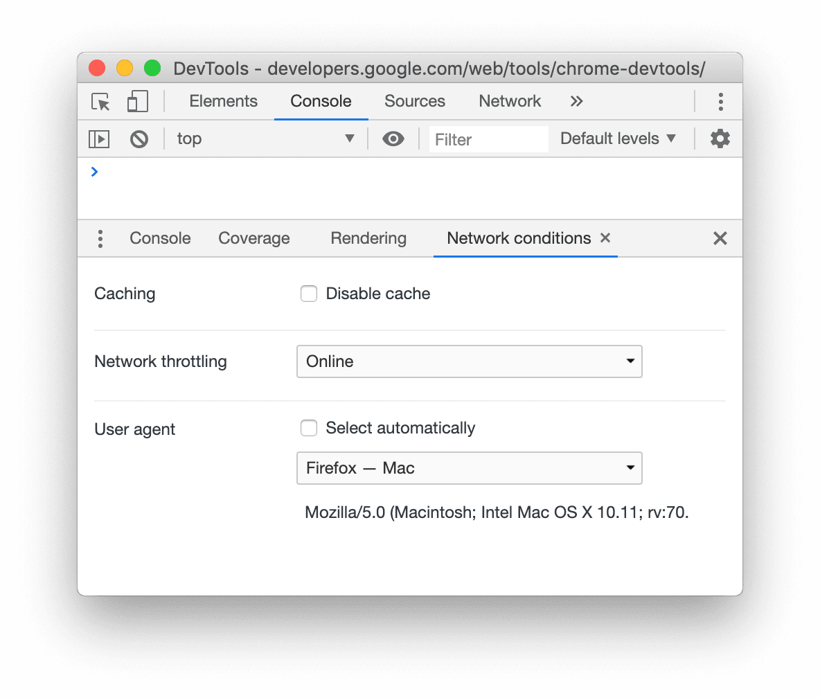 Network Conditions(네트워크 상태) 탭의 User Agent(사용자 에이전트) 메뉴 스크린샷