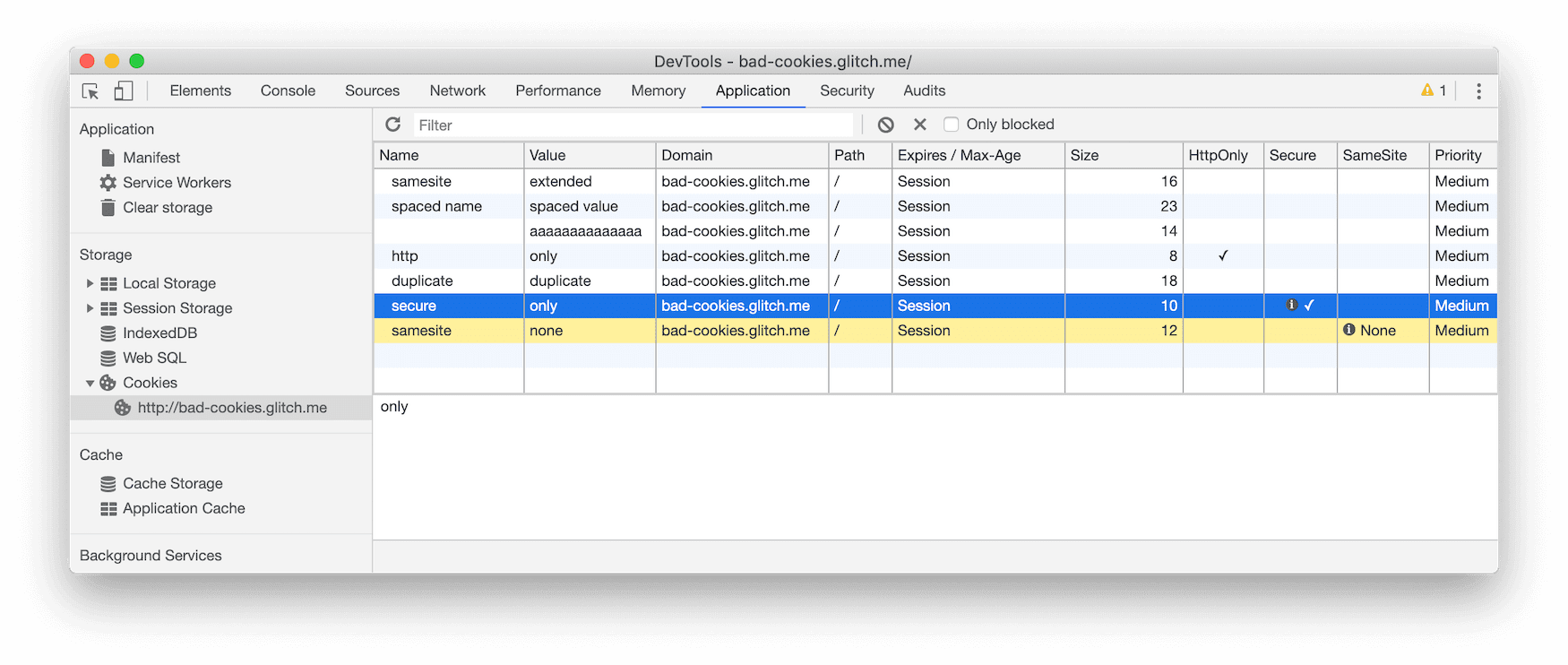 [アプリケーション] パネルの [Cookie] ペインでブロックされた Cookie