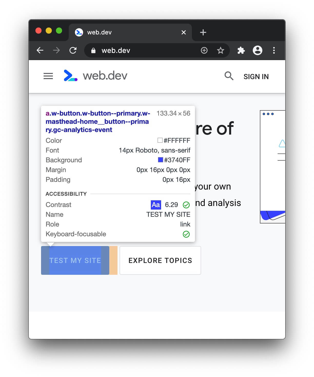 راهنمای ابزار Inspect Mode با اطلاعات دسترس‌پذیری.