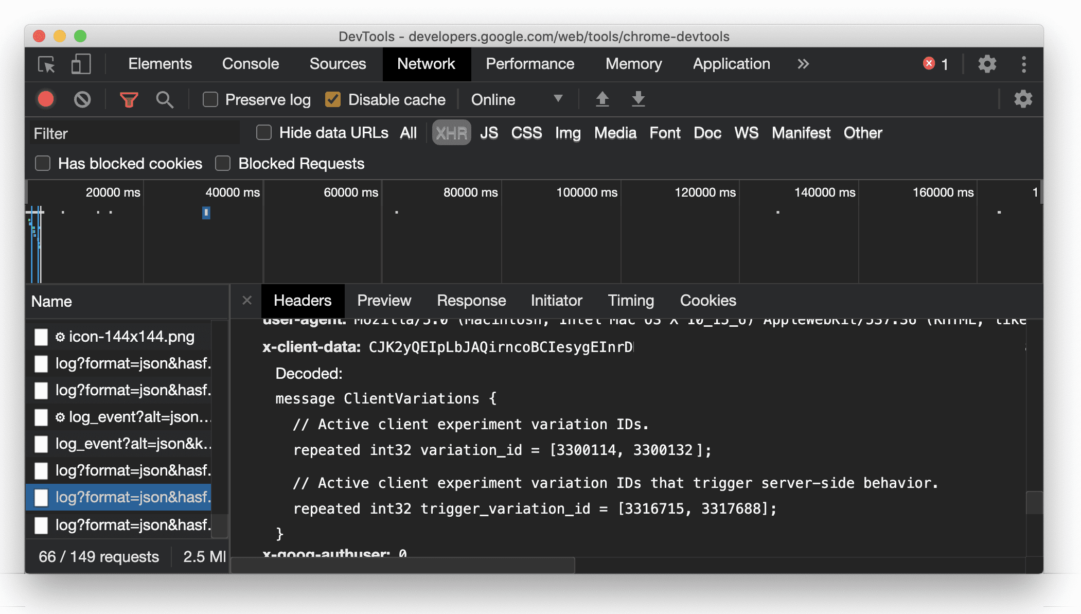 ค่าส่วนหัว `X-Client-Data` ที่มนุษย์อ่านได้