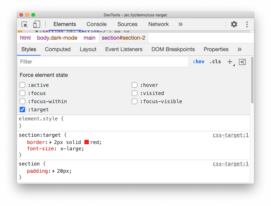 buộc trạng thái CSS `:target`