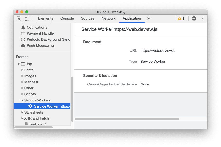 Informações sobre service workers na visualização &quot;Detalhes do frame&quot;