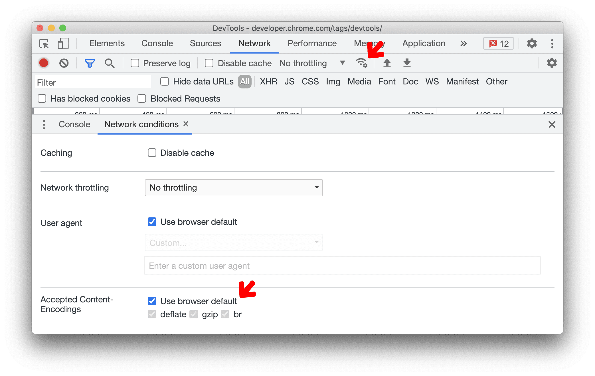 Botão de novas condições de rede com opções para configurar o Content-Encoding