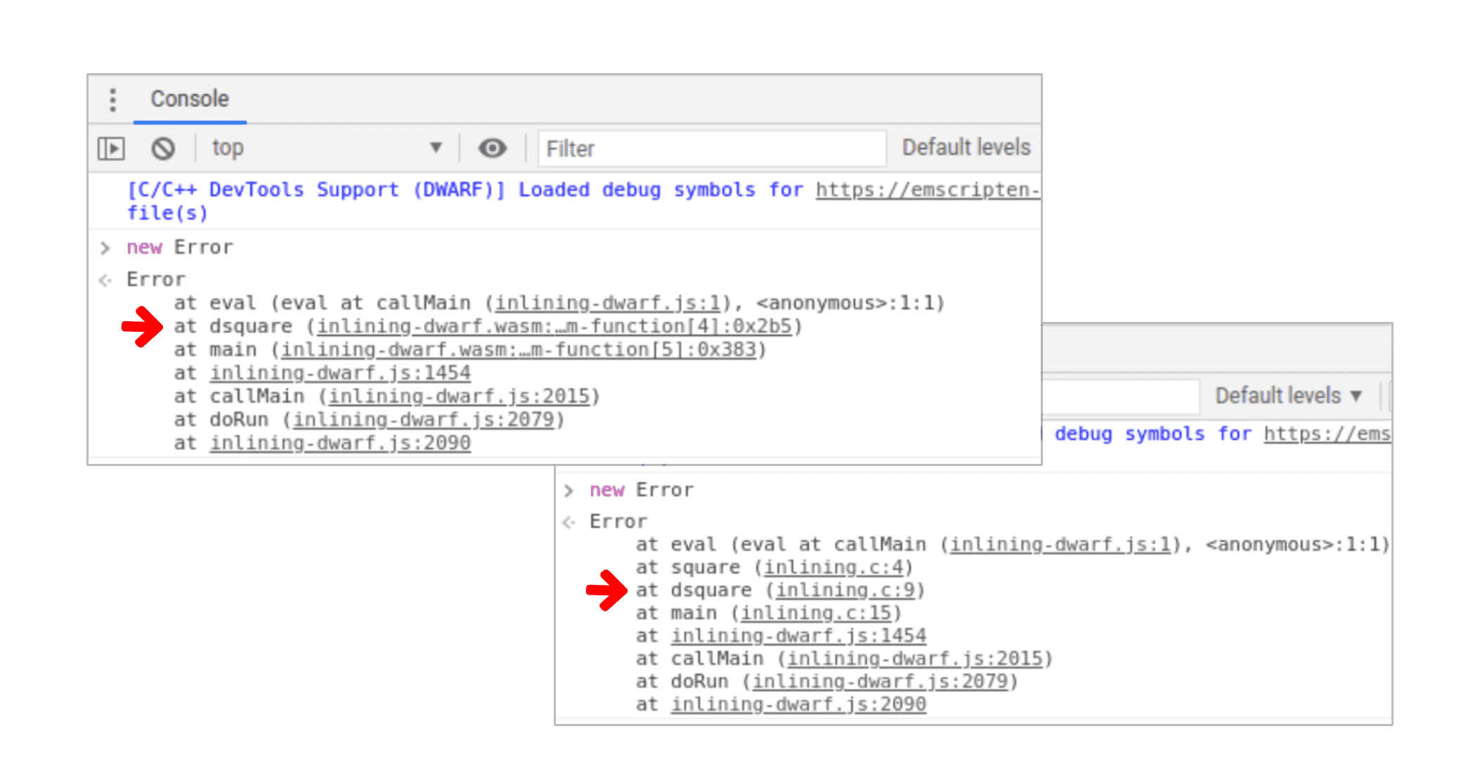 Analisi dello stack degli errori corrette per il debug di Wasm