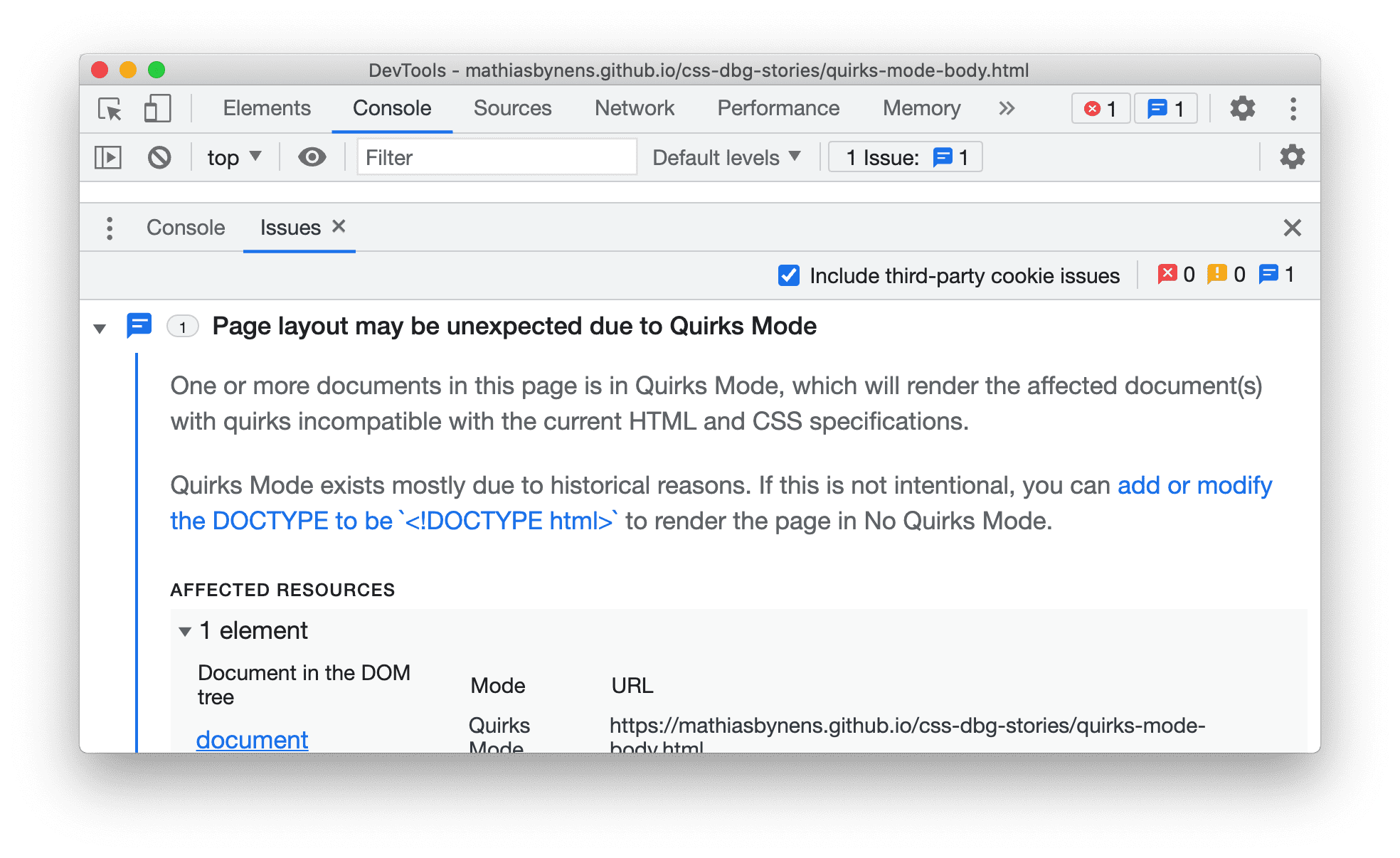 Informar problemas no modo Quirks na guia &quot;Problemas&quot;