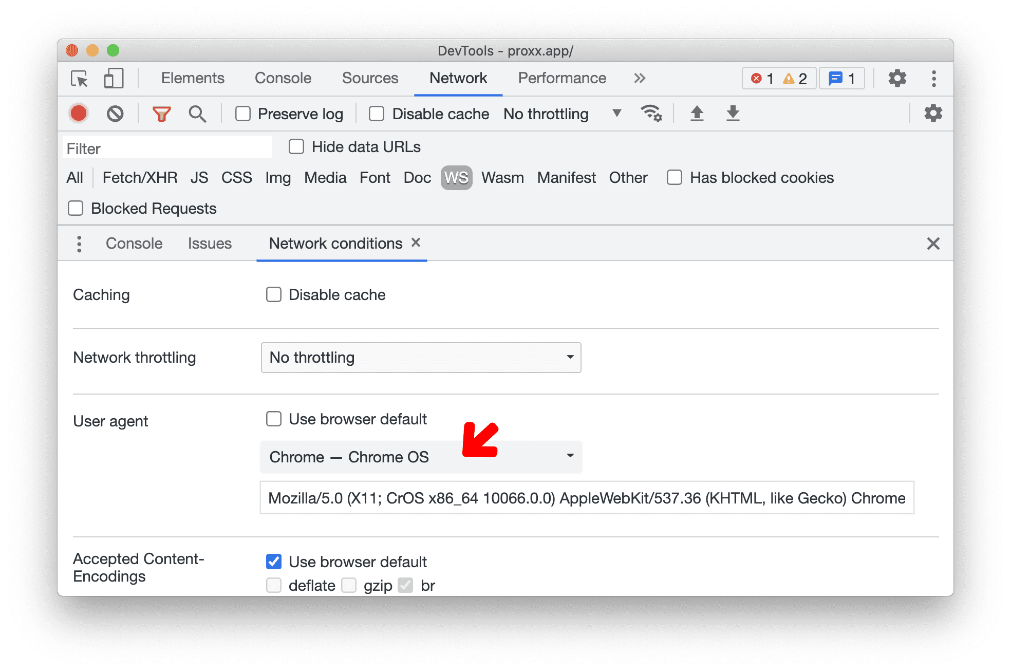 คำแนะนำสำหรับไคลเอ็นต์ User Agent สําหรับอุปกรณ์ในแท็บเงื่อนไขของเครือข่าย