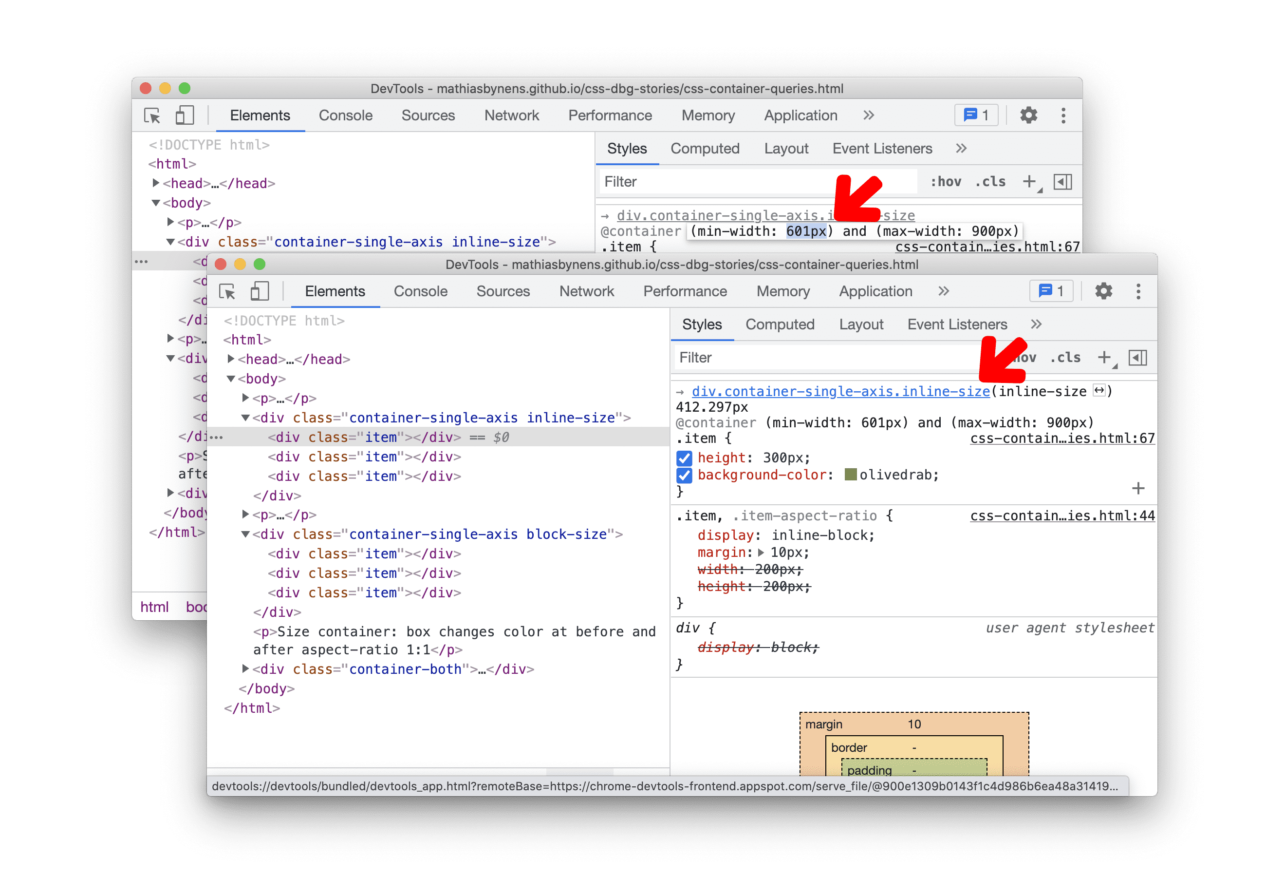 Query modificabili dei contenitori CSS nel riquadro Stili