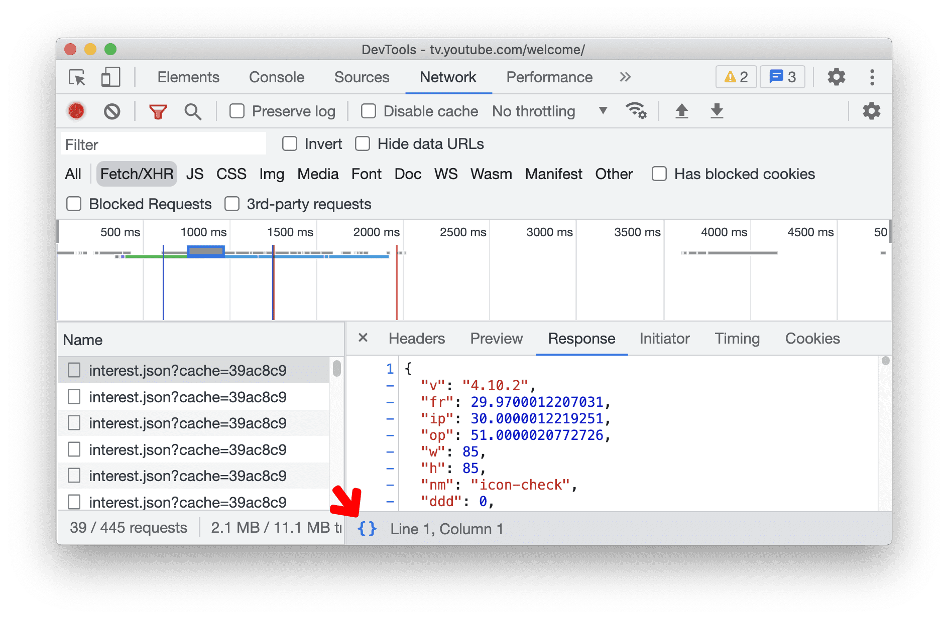  การแสดงผลที่อ่านง่ายของการตอบกลับ JSON ในแผงเครือข่าย