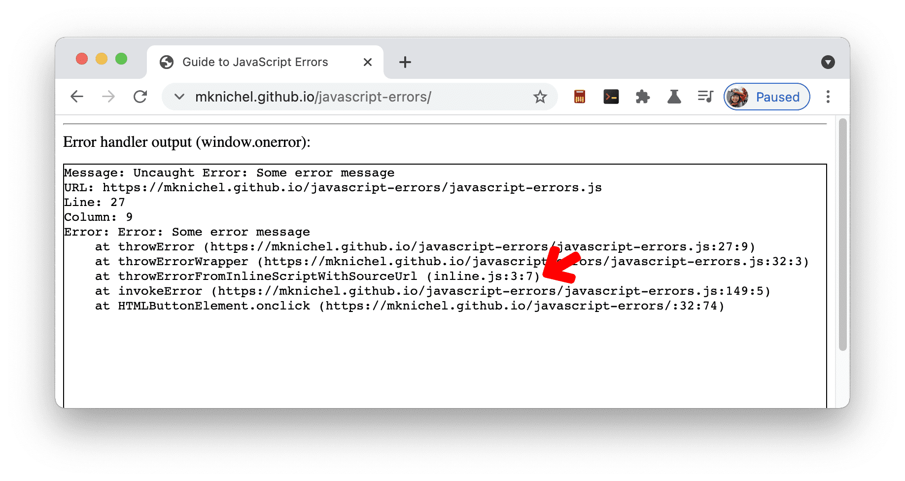 تتبُّعات بنية تخزين العناصر المناسبة للأخطاء في النصوص البرمجية المضمّنة التي تحتوي على #sourceURL