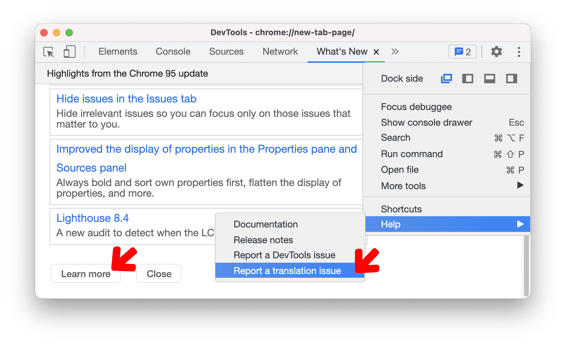 Novos links para as notas da versão traduzidas e como denunciar um bug de tradução