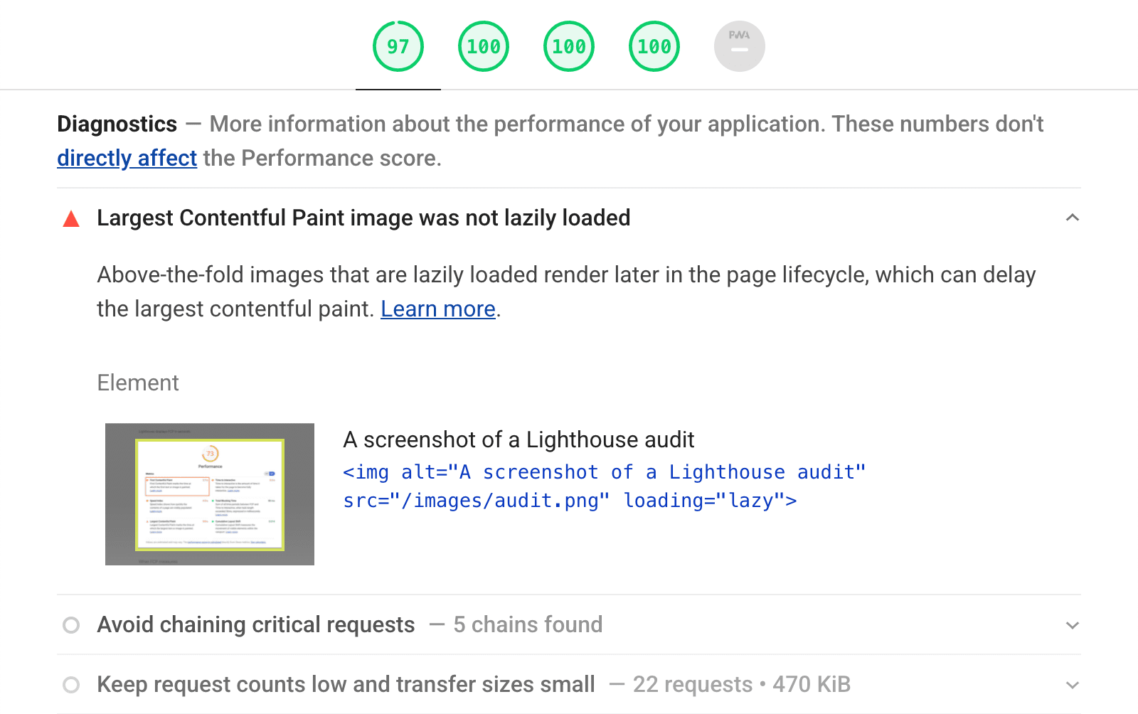 Audit du LCP avec chargement différé dans un rapport Lighthouse