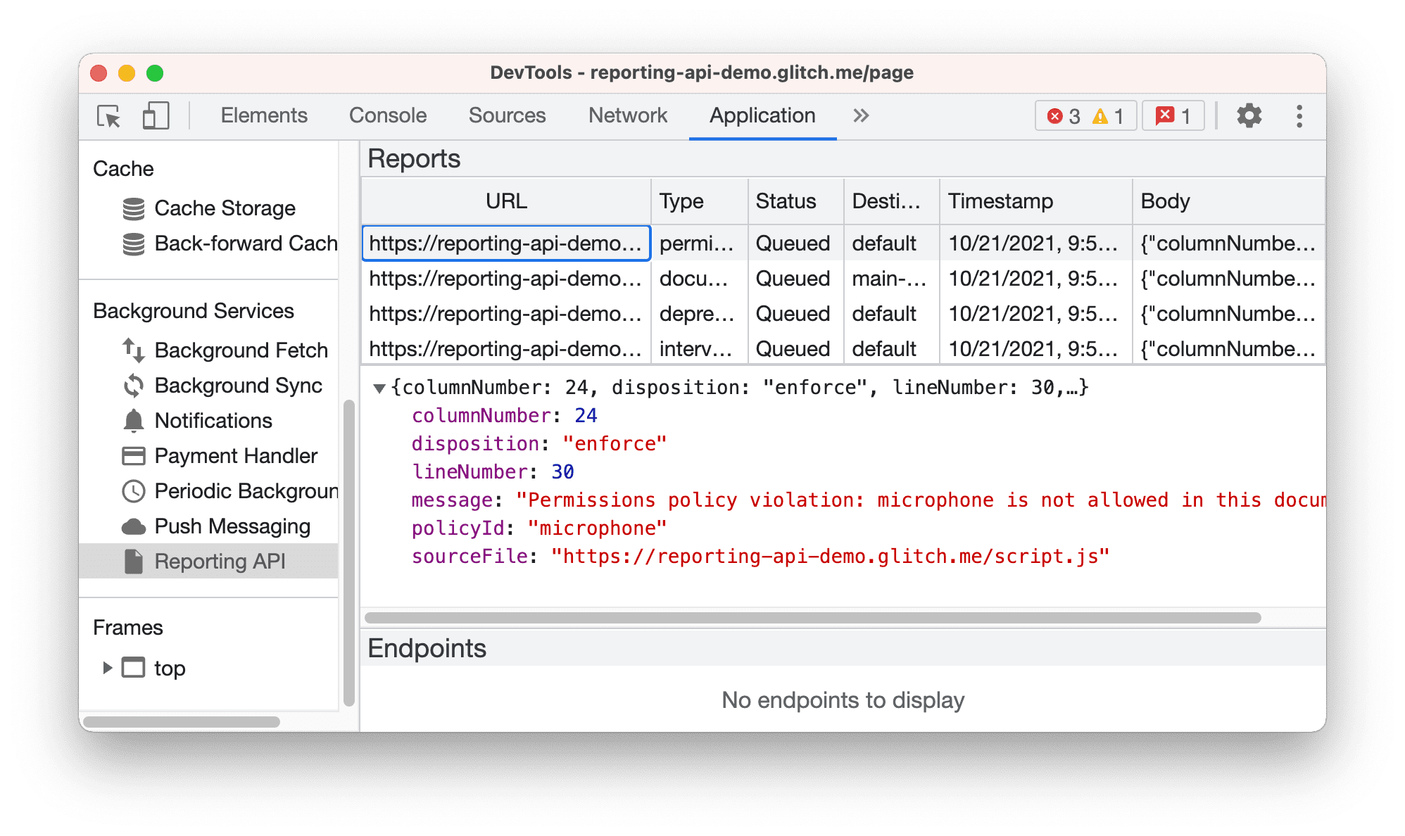 애플리케이션 패널의 Reporting API 창