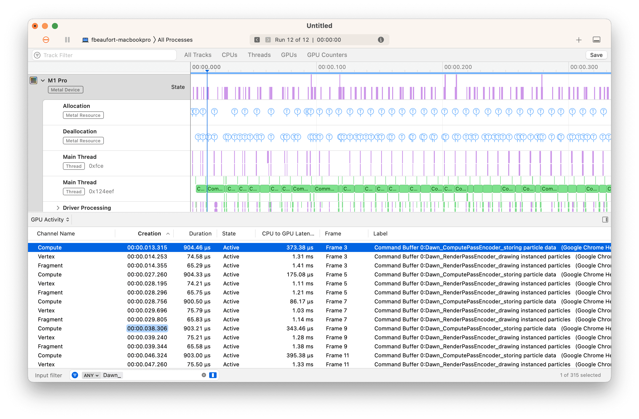 لقطة شاشة لتطبيق Instruments على نظام التشغيل macOS تعرض تصنيفات مخصّصة من WebGPU