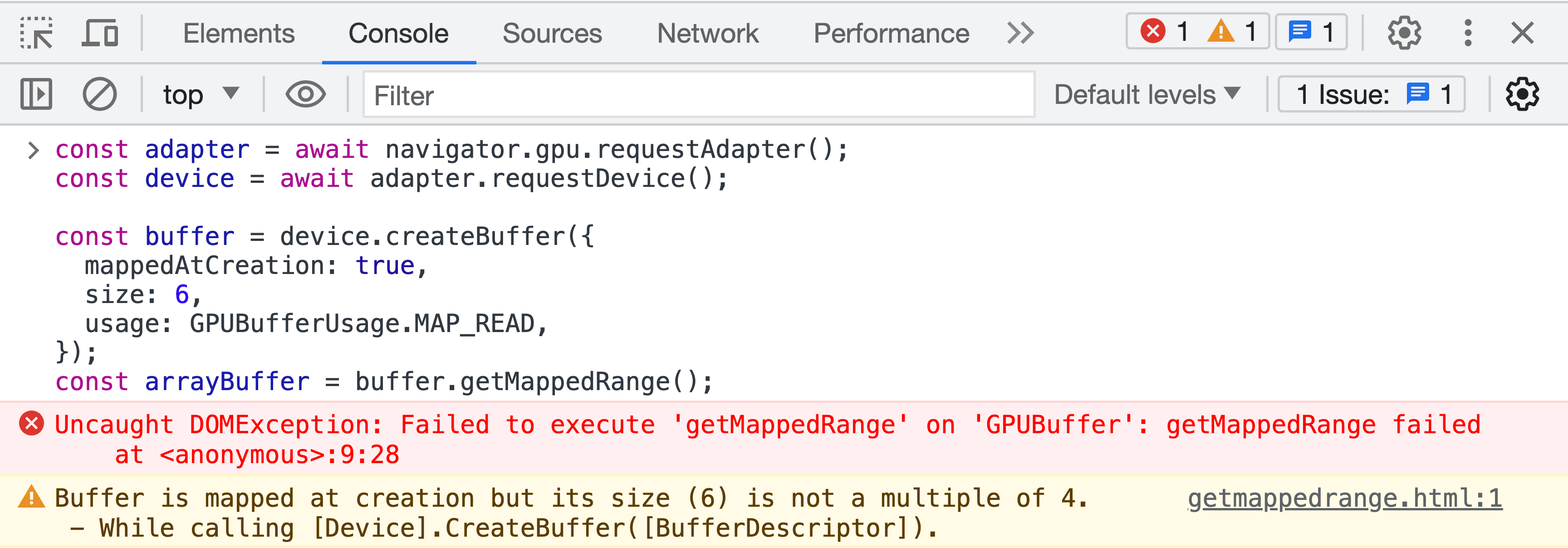 Screenshot konsol JavaScript DevTools yang menampilkan pesan error validasi buffering.