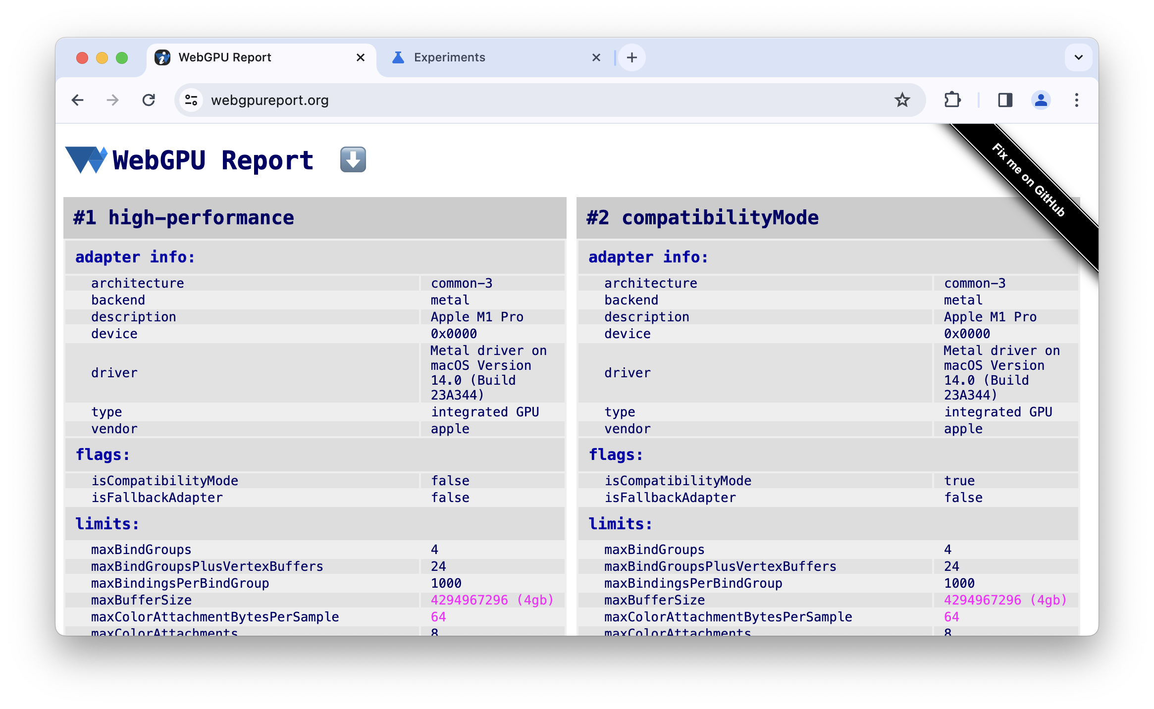 Capture d&#39;écran de https://webgpureport.org avec des informations sur le backend et le type d&#39;adaptateur.