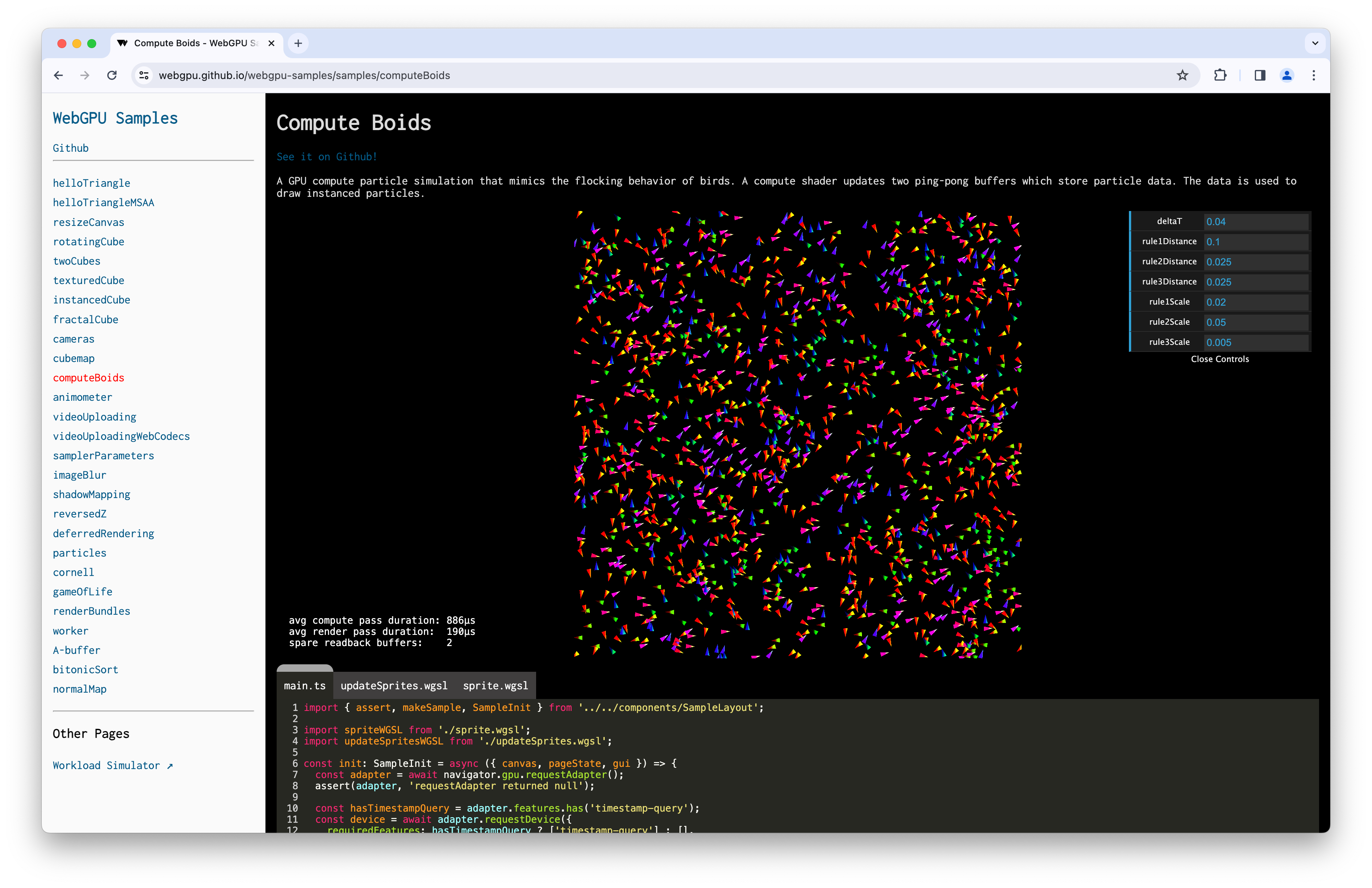 Capture d&#39;écran de l&#39;exemple Compute Boids avec requête d&#39;horodatage.