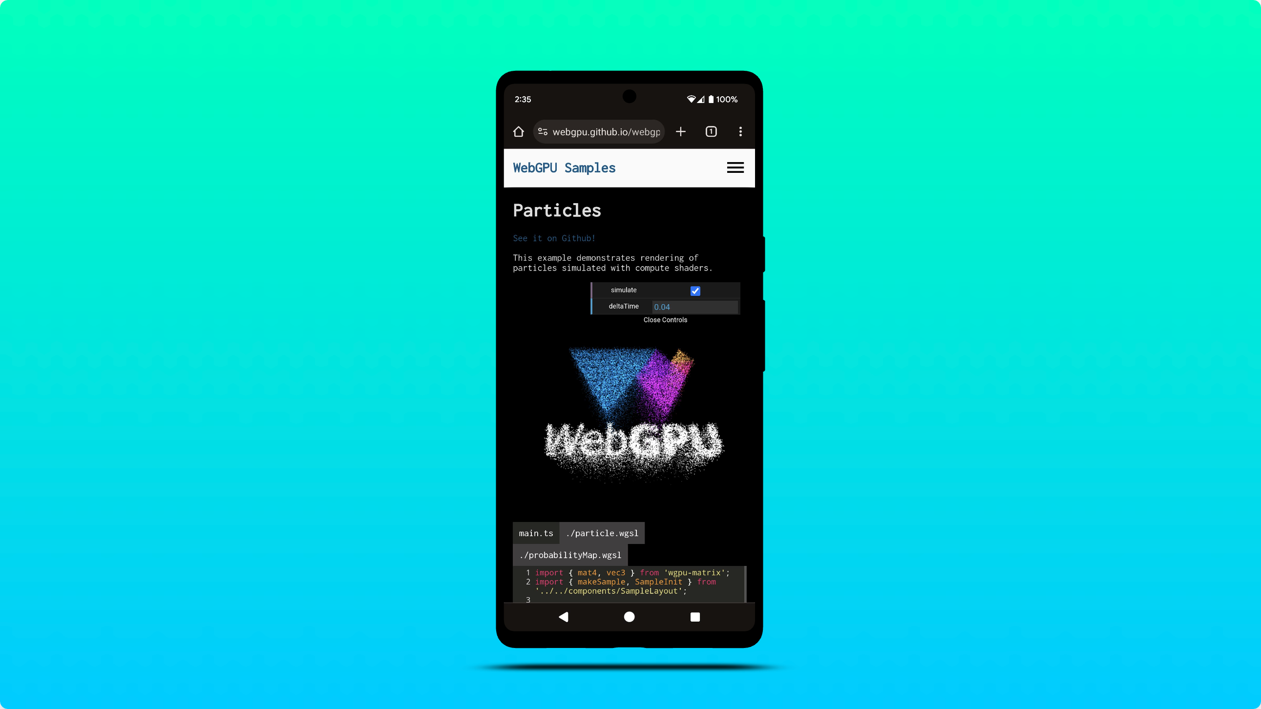 Captura de pantalla de la muestra de WebGPU que se ejecuta en Chrome para Android.