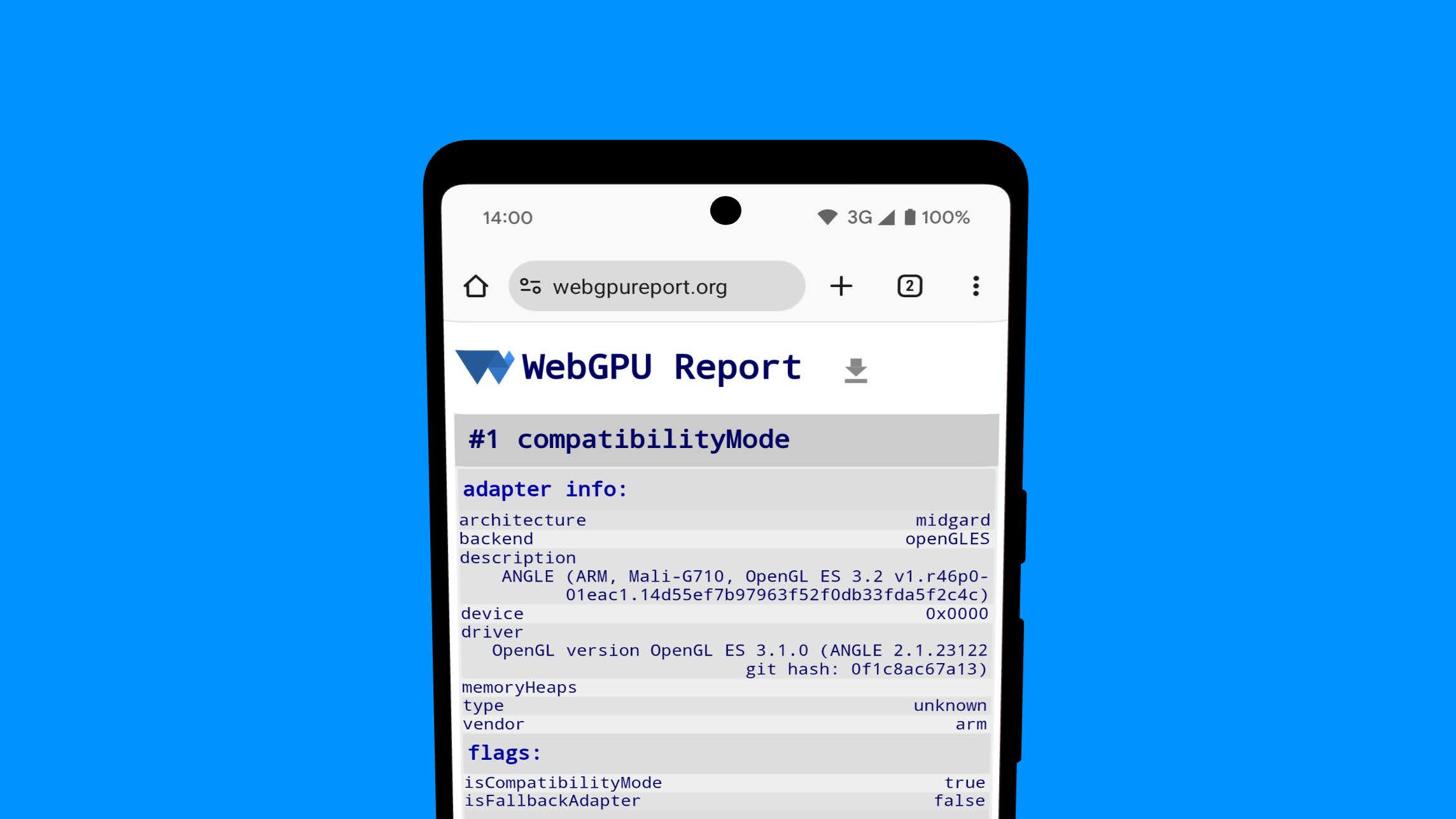 Na stronie raportu WebGPU są widoczne informacje o GPUAdapter z back-endu OpenGL ES na urządzeniu z Androidem.